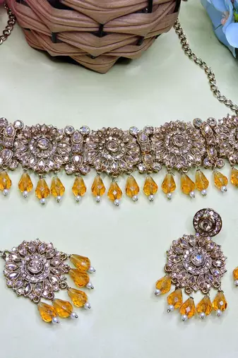 Gold yellow gold premium designer american diamond and stone work necklace set