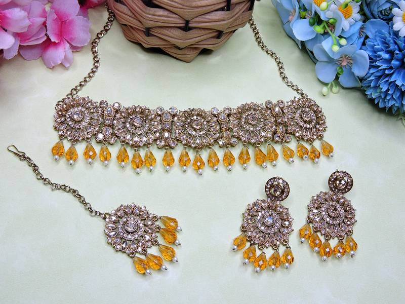 Gold yellow gold premium designer american diamond and stone work necklace set