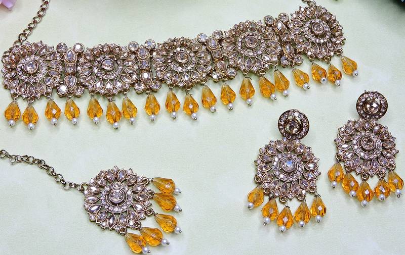 Gold yellow gold premium designer american diamond and stone work necklace set