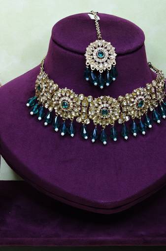 Green yellow gold premium designer american diamond and stone work necklace set