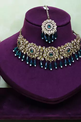 Green yellow gold premium designer american diamond and stone work necklace set