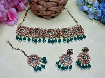 Green yellow gold premium designer american diamond and stone work necklace set 2