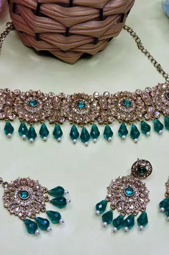 Green yellow gold premium designer american diamond and stone work necklace set