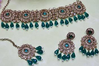 Green yellow gold premium designer american diamond and stone work necklace set 3
