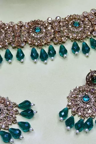 Green yellow gold premium designer american diamond and stone work necklace set