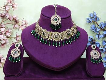 Green yellow gold premium designer american diamond and stone work necklace set 1