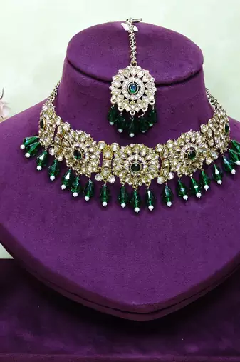 Green yellow gold premium designer american diamond and stone work necklace set