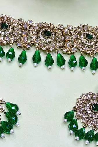 Green yellow gold premium designer american diamond and stone work necklace set