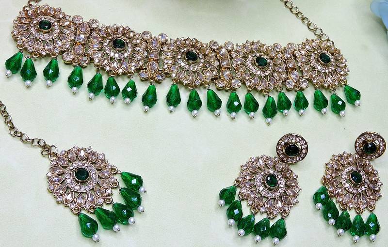 Green yellow gold premium designer american diamond and stone work necklace set