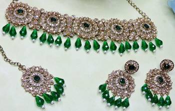 Green yellow gold premium designer american diamond and stone work necklace set 3