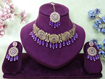 Purple yellow gold premium designer american diamond and stone work necklace set 1