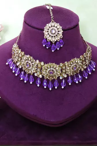Purple yellow gold premium designer american diamond and stone work necklace set