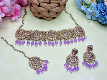 Purple yellow gold premium designer american diamond and stone work necklace set 2