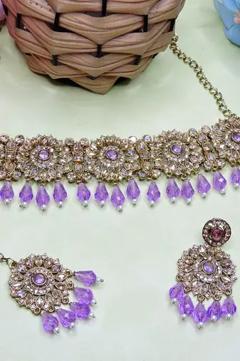 Purple yellow gold premium designer american diamond and stone work necklace set