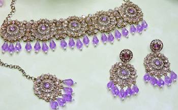 Purple yellow gold premium designer american diamond and stone work necklace set 3