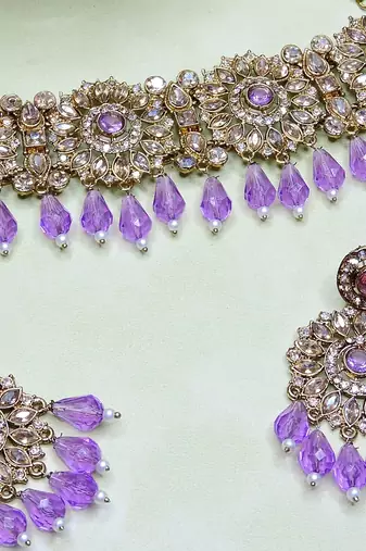 Purple yellow gold premium designer american diamond and stone work necklace set