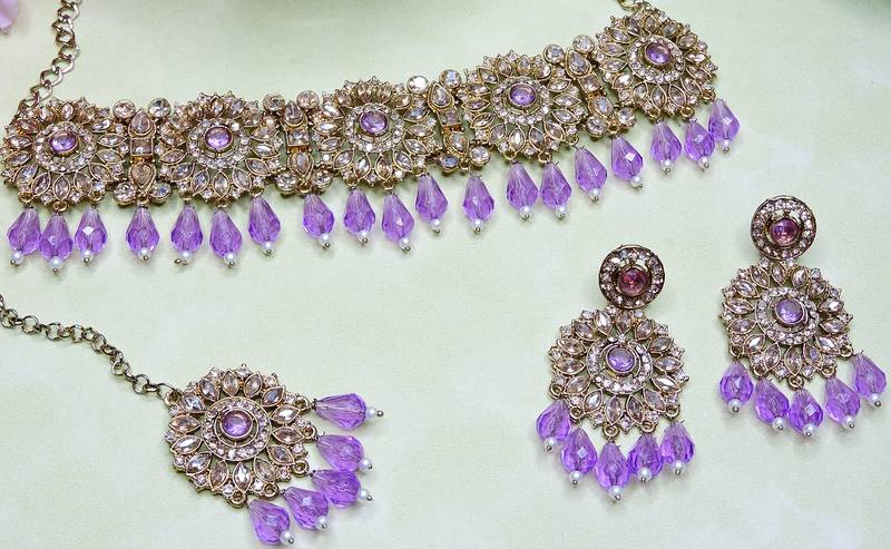 Purple yellow gold premium designer american diamond and stone work necklace set
