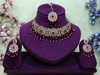 Maroon yellow gold premium designer american diamond and stone work necklace set 1