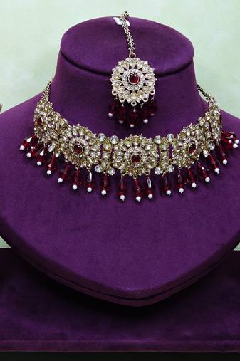 Maroon yellow gold premium designer american diamond and stone work necklace set