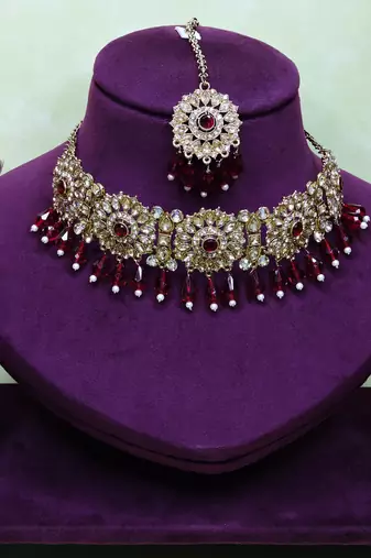 Maroon yellow gold premium designer american diamond and stone work necklace set