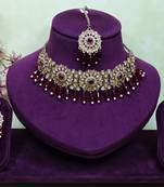 Maroon yellow gold premium designer american diamond and stone work necklace set