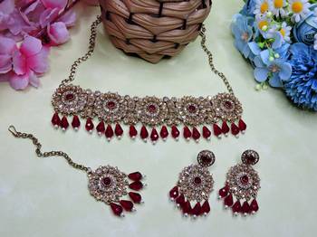 Maroon yellow gold premium designer american diamond and stone work necklace set 2