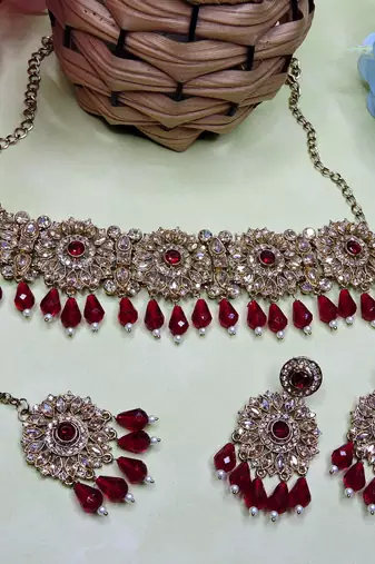 Maroon yellow gold premium designer american diamond and stone work necklace set