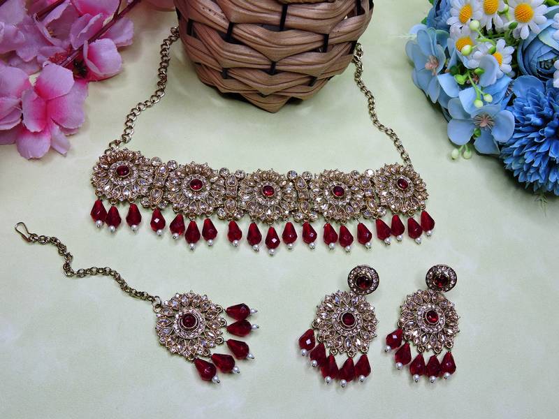 Maroon yellow gold premium designer american diamond and stone work necklace set