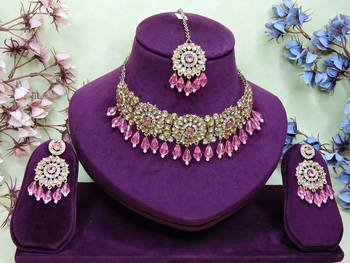 Pink yellow gold premium designer american diamond and stone work necklace set 1