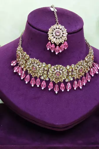 Pink yellow gold premium designer american diamond and stone work necklace set