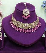 Pink yellow gold premium designer american diamond and stone work necklace set
