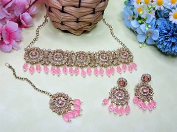 Pink yellow gold premium designer american diamond and stone work necklace set 2