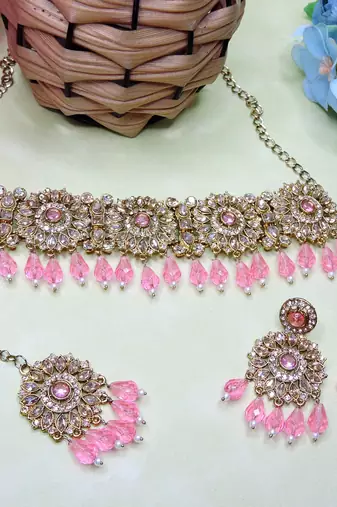Pink yellow gold premium designer american diamond and stone work necklace set