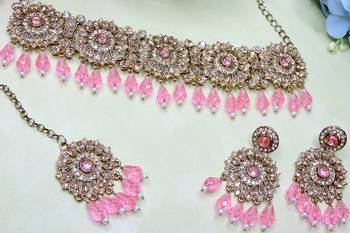 Pink yellow gold premium designer american diamond and stone work necklace set 3