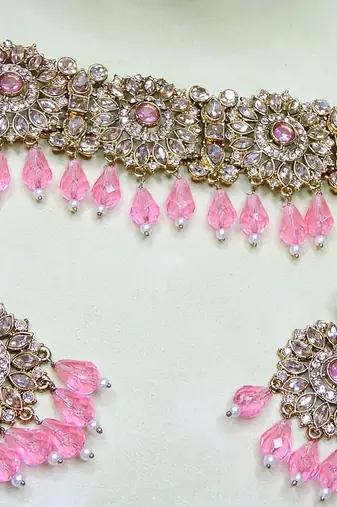Pink yellow gold premium designer american diamond and stone work necklace set