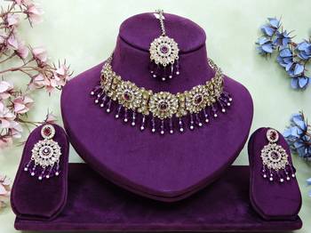 Purple yellow gold premium designer american diamond and stone work necklace set 1