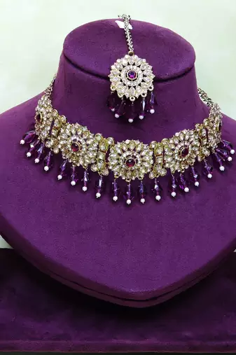 Purple yellow gold premium designer american diamond and stone work necklace set