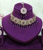 Purple yellow gold premium designer american diamond and stone work necklace set