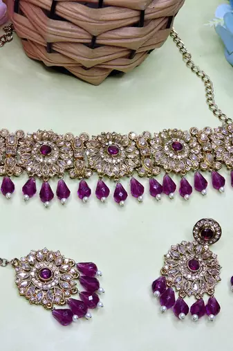 Purple yellow gold premium designer american diamond and stone work necklace set