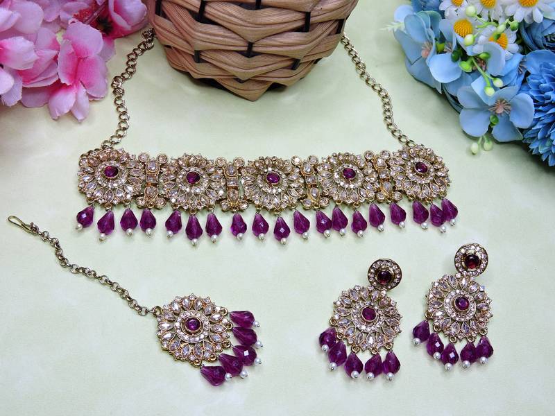 Purple yellow gold premium designer american diamond and stone work necklace set