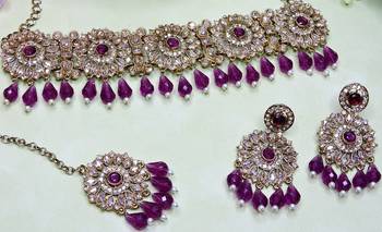 Purple yellow gold premium designer american diamond and stone work necklace set 3