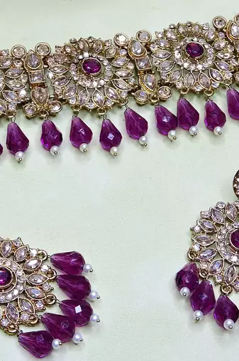 Purple yellow gold premium designer american diamond and stone work necklace set