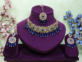 Blue yellow gold premium designer american diamond and stone work necklace set 1