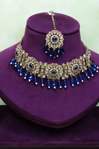 Blue yellow gold premium designer american diamond and stone work necklace set