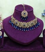 Blue yellow gold premium designer american diamond and stone work necklace set