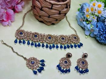 Blue yellow gold premium designer american diamond and stone work necklace set 2