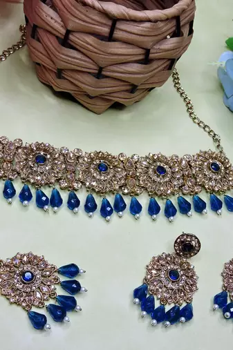 Blue yellow gold premium designer american diamond and stone work necklace set