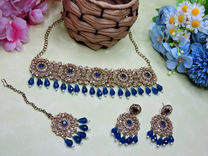 Blue yellow gold premium designer american diamond and stone work necklace set