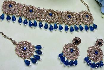 Blue yellow gold premium designer american diamond and stone work necklace set 3