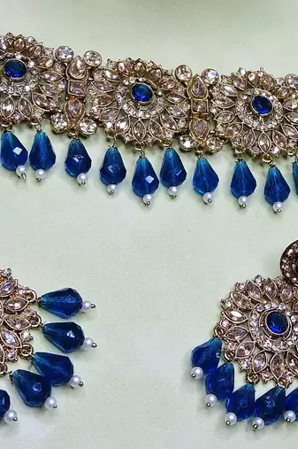 Blue yellow gold premium designer american diamond and stone work necklace set